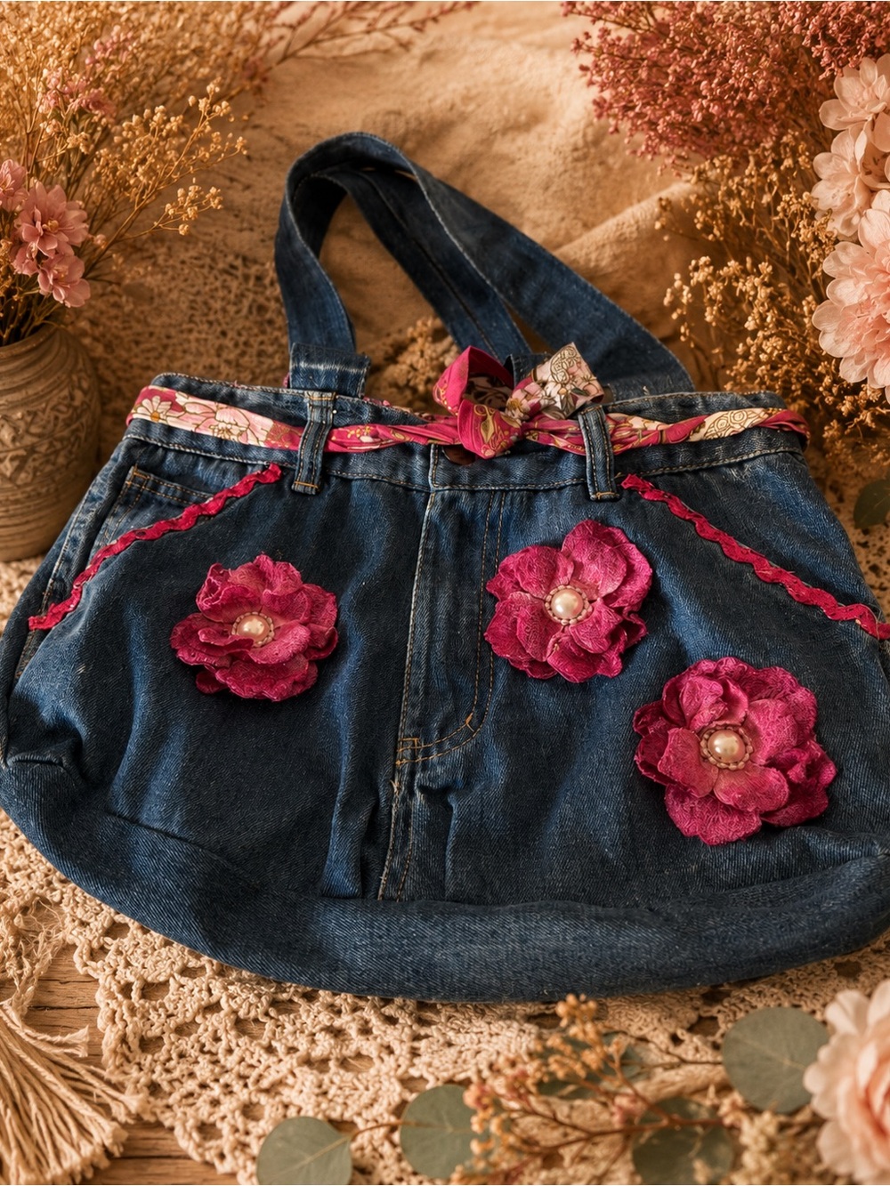 Handmade Unique Dickies Blue Denim Tote with Pink Floral Trim